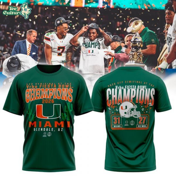 Men's Green Miami Hurricanes College Football Playoff 2026 Fiesta Bowl Champions Scoring Drive T-Shirt