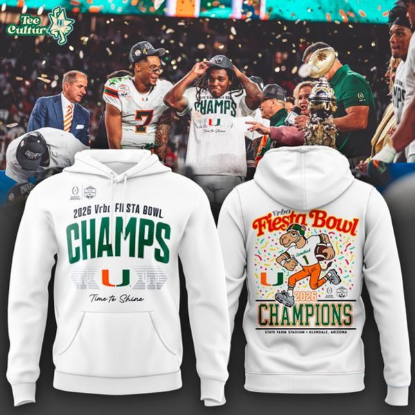 Men's White Miami Hurricanes College Football Playoff 2026 Fiesta Bowl Champions Locker Room Hoodie