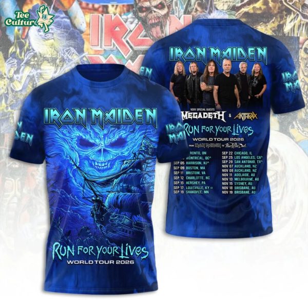 Iron Maiden Run For Your Lives World Tour 2026 3D T-Shirt – Blue