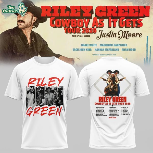 Riley Green’s Cowboy As It Gets Tour 2026 White T-shirt Ver2