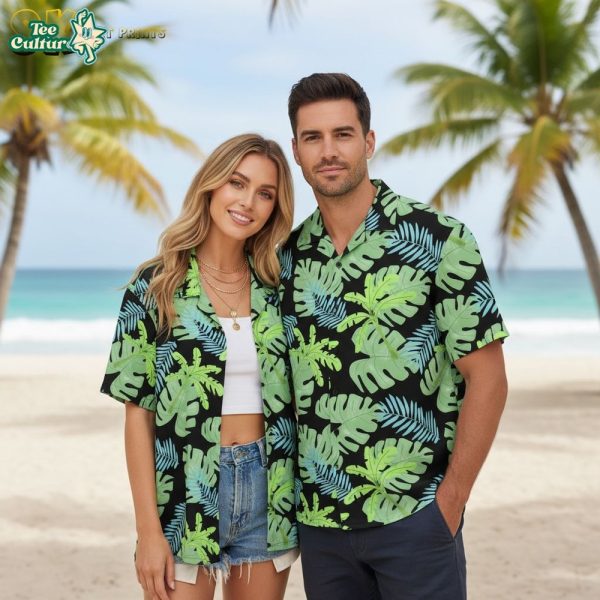 Light Green Hawaiian Shirt - Monstera Leaf Print on Black Background for Men and Women