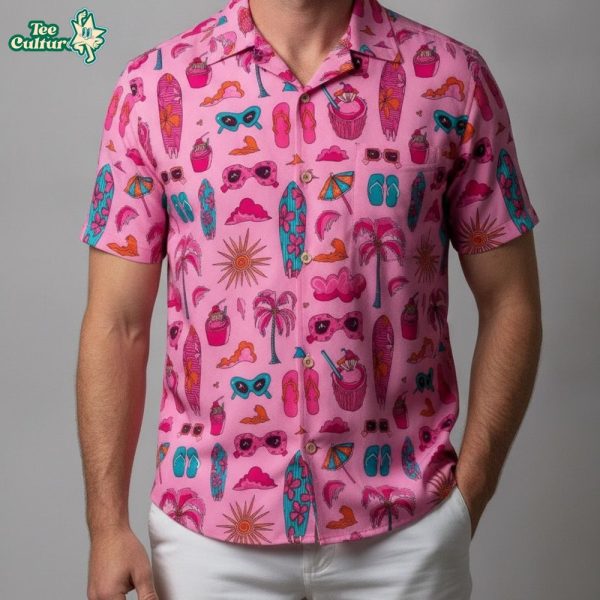Pink Aloha Shirt with Surfboards and Tropical Cocktails - Men’s Hawaiian Summer Shirt