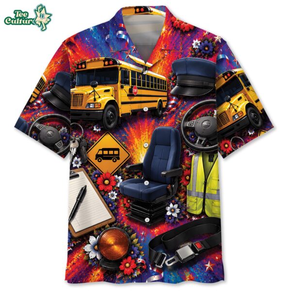 Colorful School Bus Driver Gears Vintage Art Hawaiian Shirt
