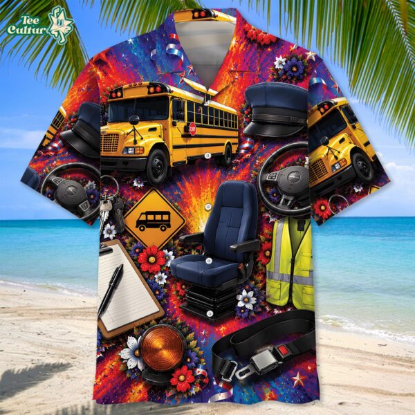 Colorful School Bus Driver Gears Vintage Art Hawaiian Shirt by Teesculture.com