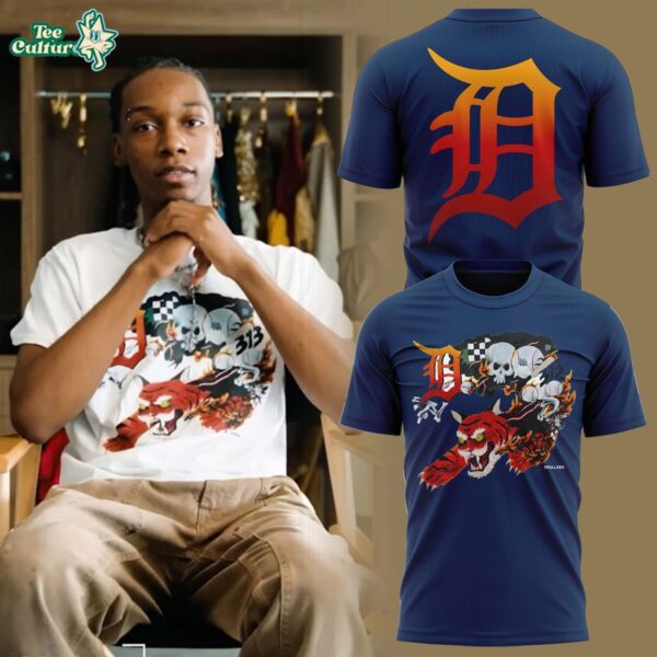 Detroit Tigers 313 Skullxer Tiger Navy T-Shirt with Large Orange D Logo