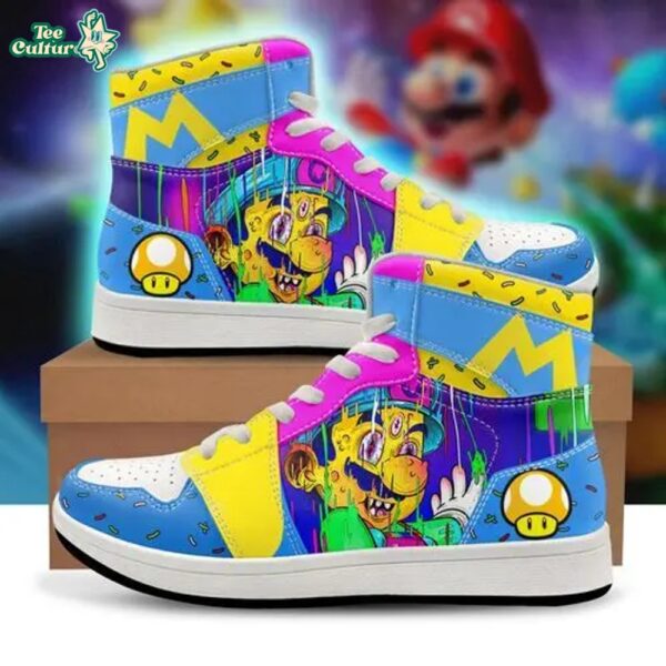 Graffiti-Style Super Mario Bros High Top PU Leather Sneakers | Neon Drip Effects Shoes for Women Men