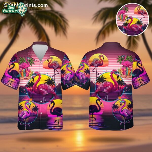Pink Flamingo Hawaiian Shirt with Sunglasses and Palm Trees Summer Beach Button Up Shirt for Men