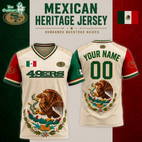 San Francisco 49ers Mexican Heritage Jersey, Custom Name Football Jersey, Viva México Fan Gift - V-neck Short Sleeve Jersey