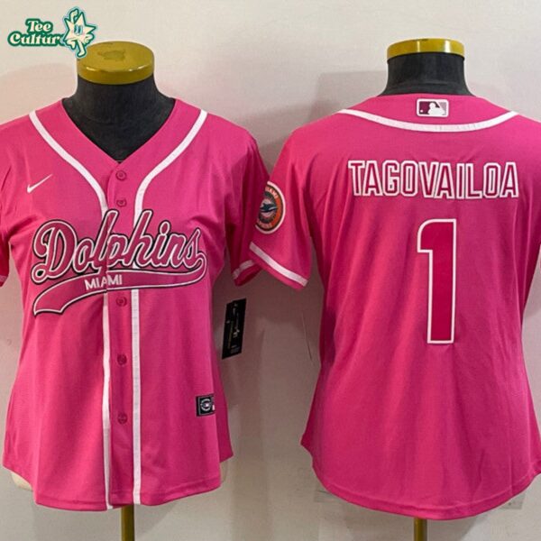 Miami Dolphins #1 Tua Tagovailoa Pink Baseball Jersey with Patch